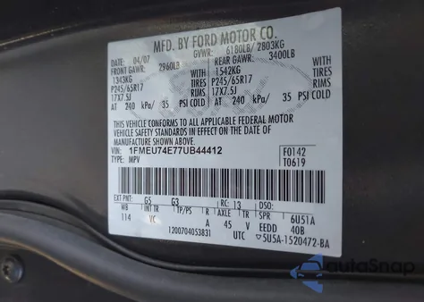 2007 Ford Explorer Eddie Bauer z USA, uszkodzony, nr VIN 1FMEU74E77UB44412